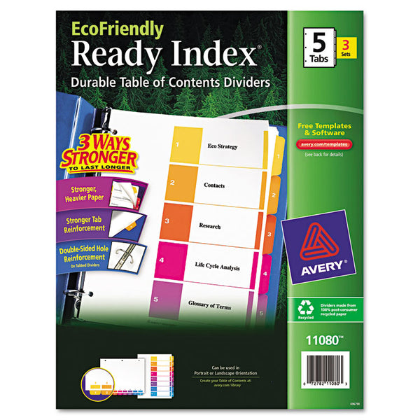 Avery® Customizable Table of Contents Ready Index Dividers with Multicolor Tabs, 5-Tab, 1 to 5, 11 x 8.5, White, 3 Sets (AVE11080)