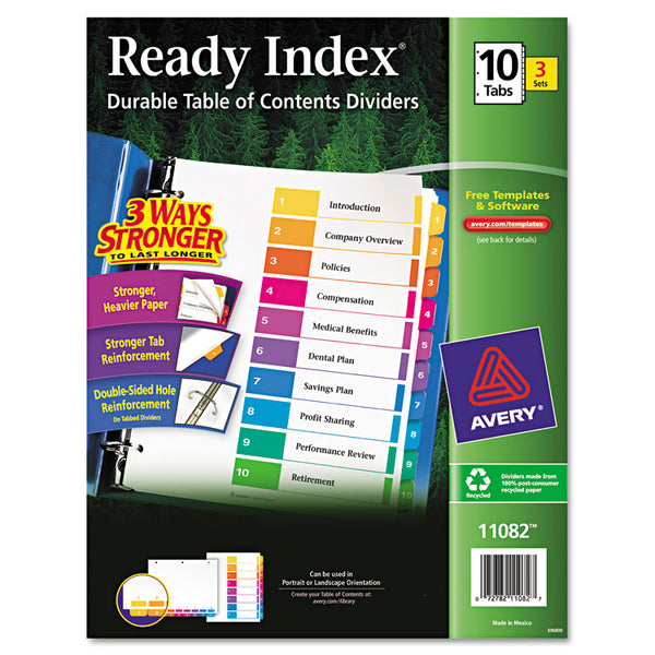 Avery® Customizable Table of Contents Ready Index Dividers with Multicolor Tabs, 10-Tab, 1 to 10, 11 x 8.5, White, 3 Sets (AVE11082)