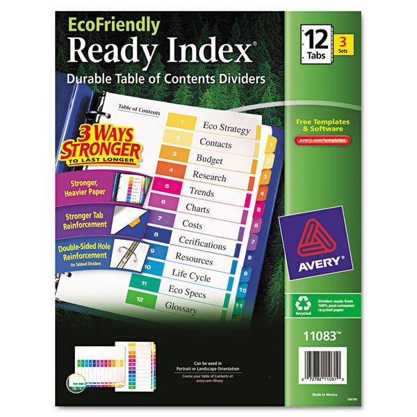 Avery® Customizable Table of Contents Ready Index Dividers with Multicolor Tabs, 12-Tab, 1 to 12, 11 x 8.5, White, 3 Sets (AVE11083)