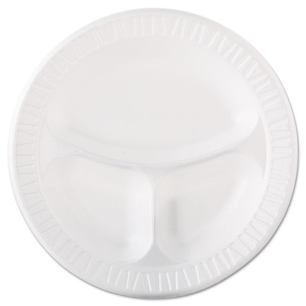 Dart® Quiet Class Laminated Foam Dinnerware, Plates, 3-Compartment, 10.25" dia, White, 125/Pack, 4 Packs/Carton (DCC10CPWQR)