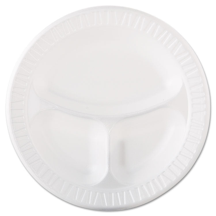 Dart® Quiet Class Laminated Foam Dinnerware, Plates, 3-Compartment, 10.25" dia, White, 125/Pack, 4 Packs/Carton (DCC10CPWQR) Case of 500