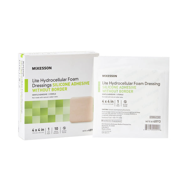 McKesson Lite Thin Foam Dressing 4 X 4 Inch Without Border Film Backing Silicone Gel Adhesive Square Sterile (1083093_CS) 200/CS