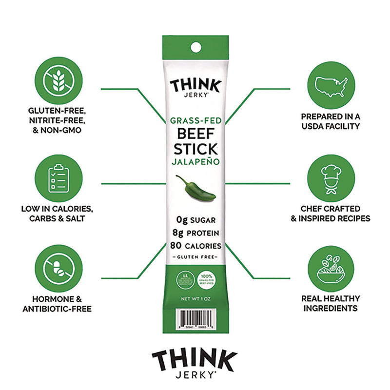 Think Jerky Jalapeno 100% Grass-Fed Beef Sticks, 1 oz Individually Wrapped Sticks, 20/Carton (GRR33700003) Case of 20