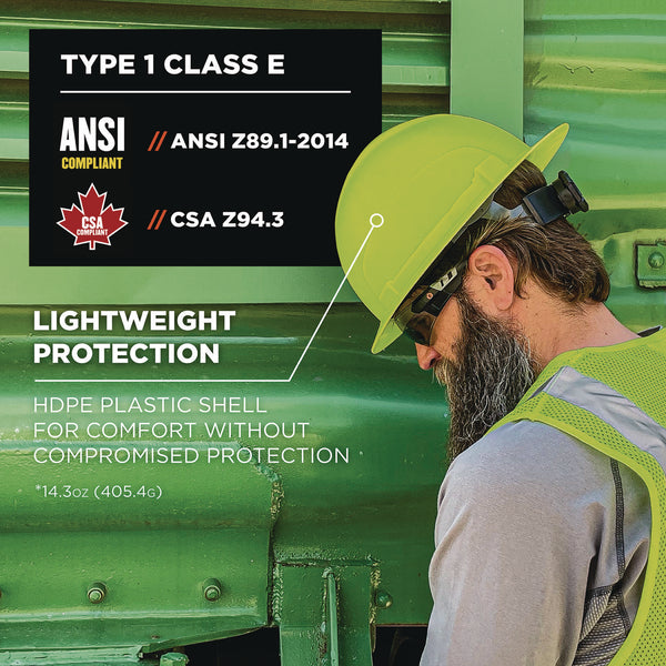 Ergodyne Skullerz 8969 Class E Lightweight Full Brim Hard Hat, 6-Point Rachet Suspension, Lime (EGO60232) Each