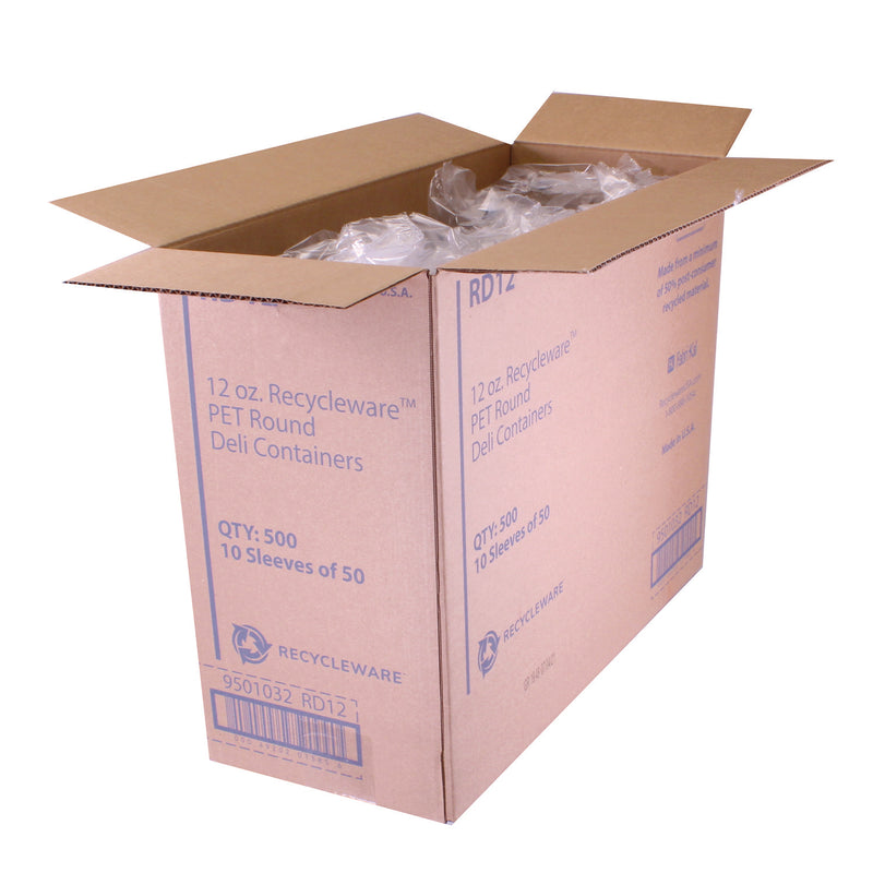 Fabri-Kal® Recycleware Round Deli Container, 12 oz, 4.6" Diameter x 2.3" h, Clear, Plastic, 500/Carton (FABRD12) Case of 500