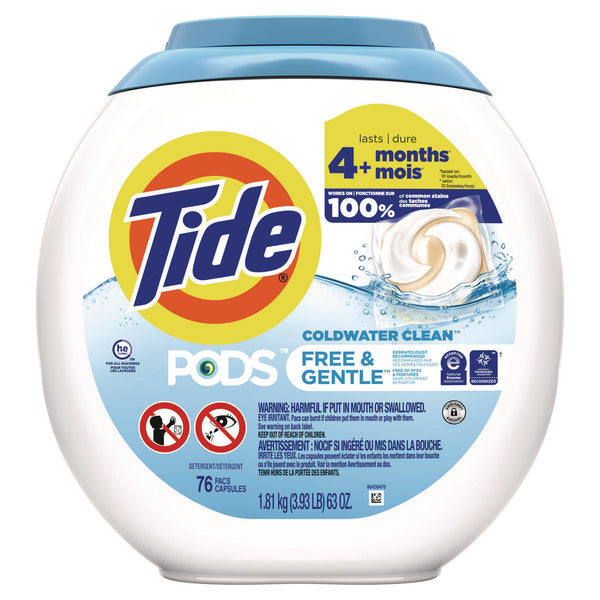 Tide PODS Laundry Detergent, Free and Gentle, 63 oz Tub, 76 Pacs/Tub (PGC09488EA) Each