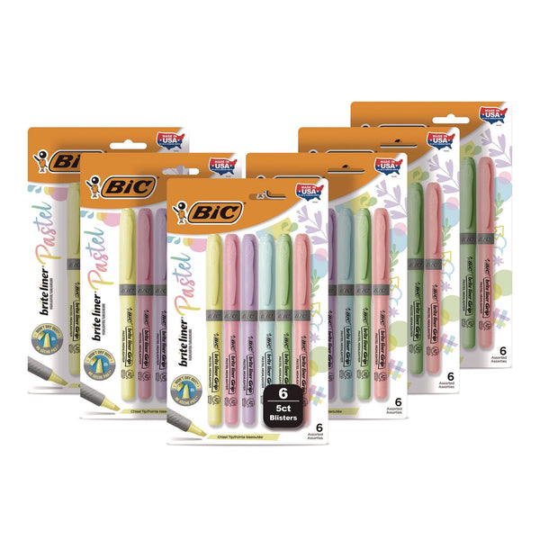 BIC® Brite Liner Grip Pocket Highlighter, Assorted Ink Colors, Chisel Tip, Assorted Barrel Colors, 6/Set, 6 Sets/Pack (BICGBLD36EAST)