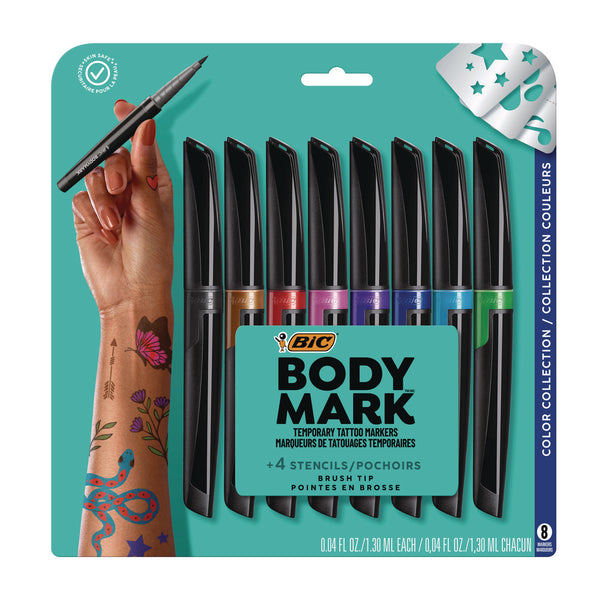 BIC® BodyMark Temporary Tattoo Markers, Fine Brush Tip, Assorted Colors, 8/Pack (BICMTBP81AST)