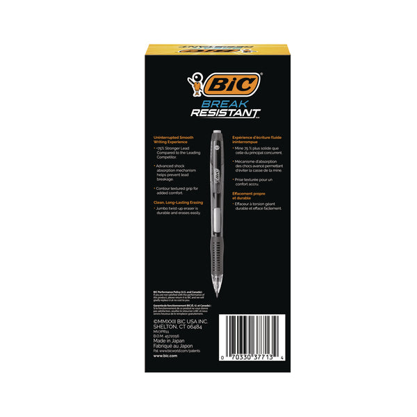 BIC® Break-Resistant Mechanical Pencils with Erasers, 0.7 mm, HB (#2), Black Lead, Assorted Barrel Colors, 12/Pack (BICMV7PR11BLK) Pack of 12