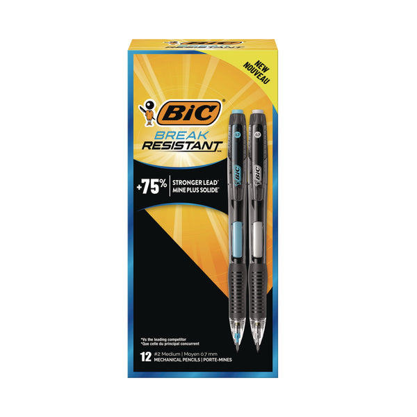 BIC® Break-Resistant Mechanical Pencils with Erasers, 0.7 mm, HB (#2), Black Lead, Assorted Barrel Colors, 12/Pack (BICMV7PR11BLK) Pack of 12