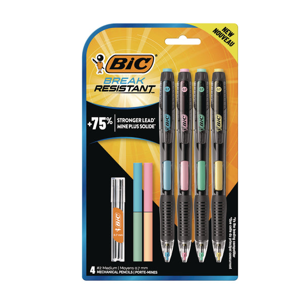 BIC® Break-Resistant Mechanical Pencils with Erasers, 0.7 mm, HB (#2), Black Lead, Assorted Barrel Colors, 4/Pack (BICMV7PRP4BLK) Pack of 4