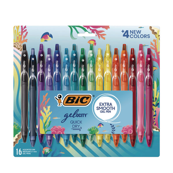 BIC® Gel-ocity Quick Dry Gel Pen, Retractable, Medium 0.7 mm, 16 Assorted Ink and Barrel Colors, 16/Pack (BICRGLCGA16AST)