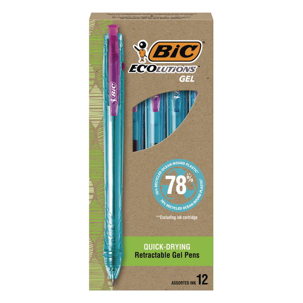BIC® Ecolutions Gel Pen, Retractable, Medium 1 mm, Assorted Ink Colors, Blue Barrel, 12/Pack (BICRGLE11AST) Pack of 12