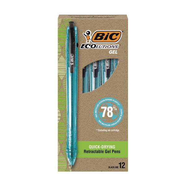 BIC® Ecolutions Gel Pen, Retractable, Medium 1 mm, Black Ink, Blue Barrel, 12/Pack (BICRGLE11BLK) Pack of 12