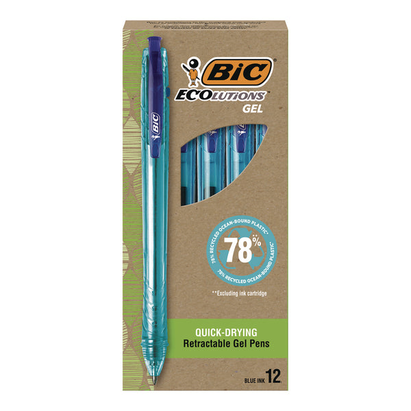 BIC® Ecolutions Gel Pen, Retractable, Medium 1 mm, Blue Ink, Blue Barrel, 12/Pack (BICRGLE11BLU) Pack of 12