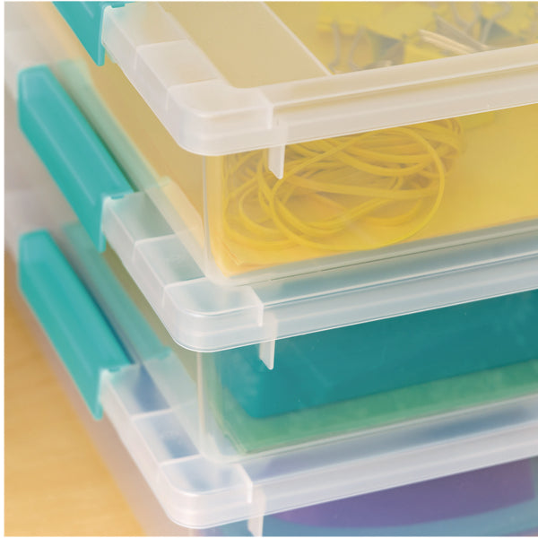 IRIS Latch Lid Storage Box, 2.3 gal, 14 x 11 x 3.5, Clear Bin/Seafoam Latches (IRS301158) Each