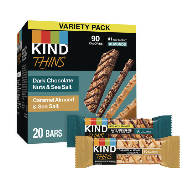 KIND Thins Bar Variety Pack, Caramel Almond and Sea Salt; Dark Chocolate Nuts and Sea Salt, 0.74 oz, 20/Box (KNDPHW41888) Box of 20