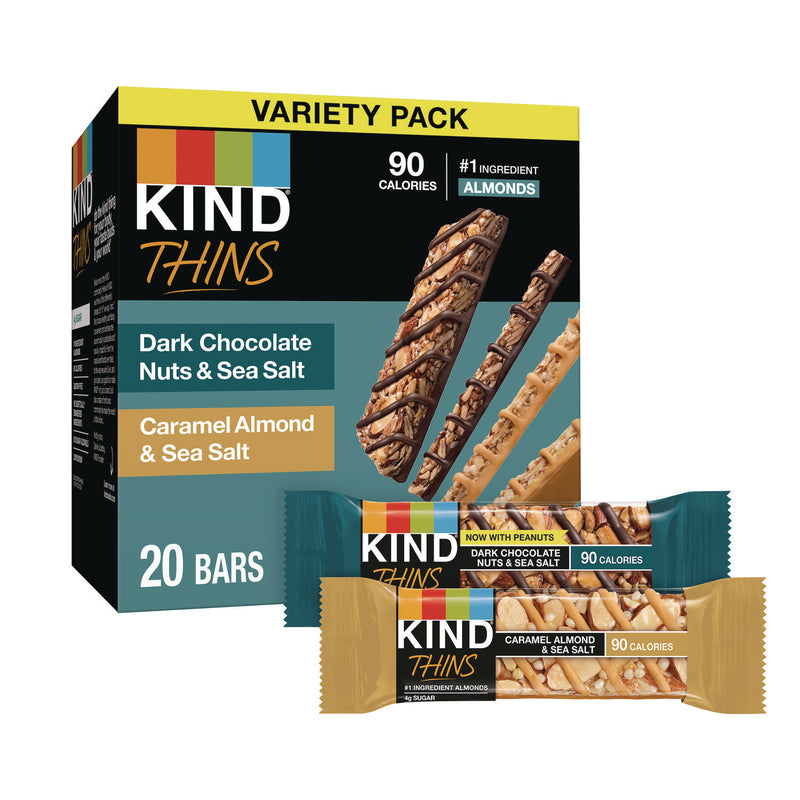 KIND Thins Bar Variety Pack, Caramel Almond and Sea Salt; Dark Chocolate Nuts and Sea Salt, 0.74 oz, 20/Box (KNDPHW41888) Box of 20