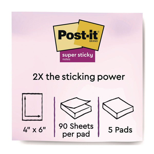 Post-it® Notes Super Sticky Note Pads in Summer Joy Color Collection Colors, 4" x 6", Note Ruled, 90 Sheets/Pad, 5 Pads/Pack (MMM6605SSJOY) Pack of 5