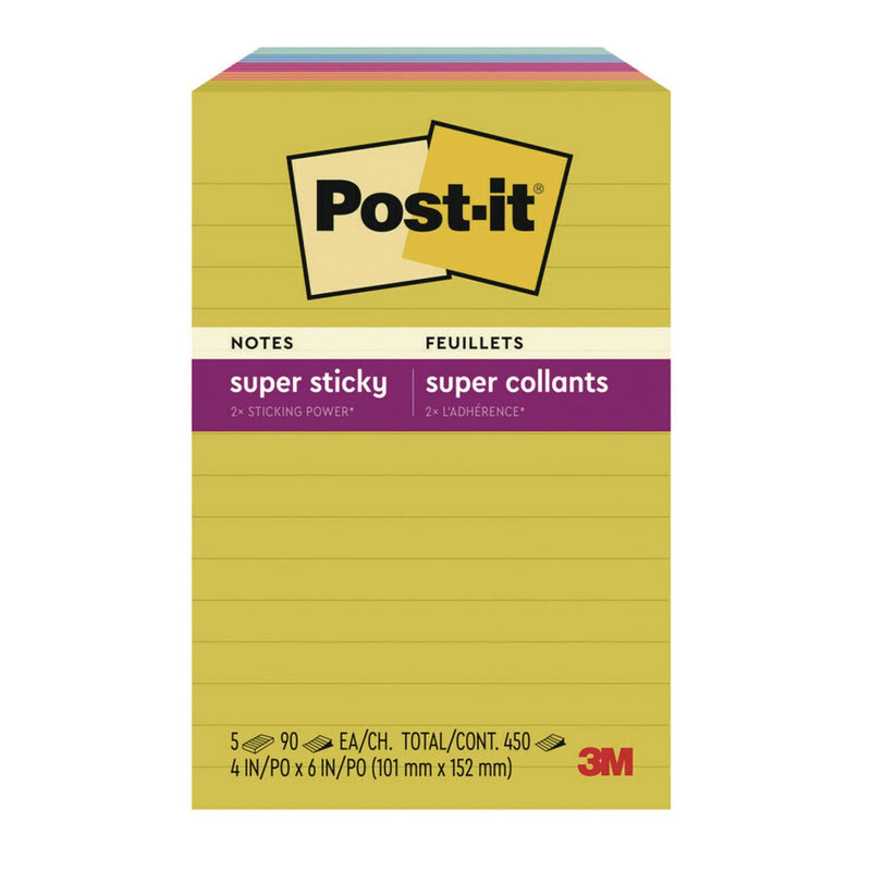 Post-it® Notes Super Sticky Note Pads in Summer Joy Color Collection Colors, 4" x 6", Note Ruled, 90 Sheets/Pad, 5 Pads/Pack (MMM6605SSJOY) Pack of 5