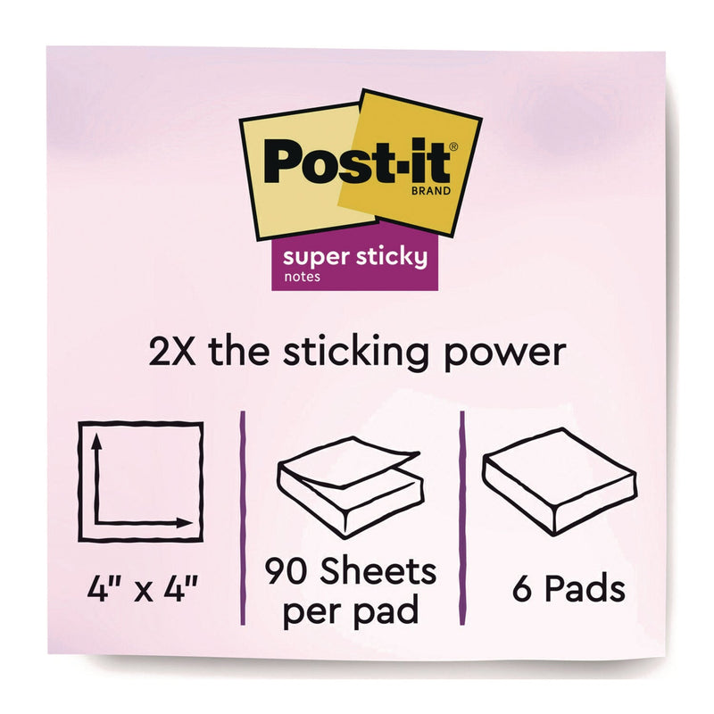 Post-it® Notes Super Sticky Note Pads in Summer Joy Color Collection Colors, 4" x 4", Note Ruled, 90 Sheets/Pad, 6 Pads/Pack (MMM6756SSJOY) Pack of 6