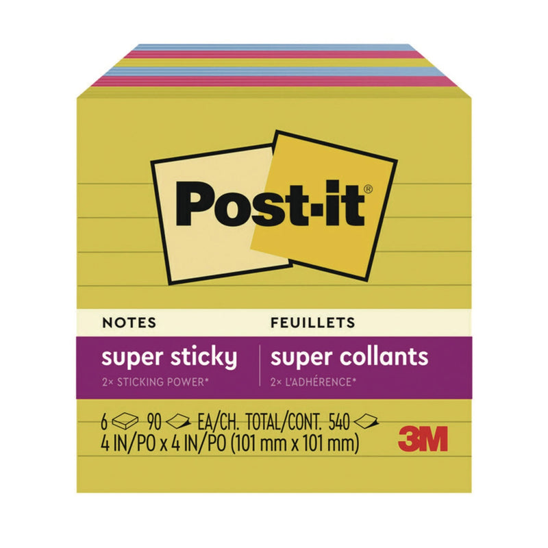 Post-it® Notes Super Sticky Note Pads in Summer Joy Color Collection Colors, 4" x 4", Note Ruled, 90 Sheets/Pad, 6 Pads/Pack (MMM6756SSJOY) Pack of 6