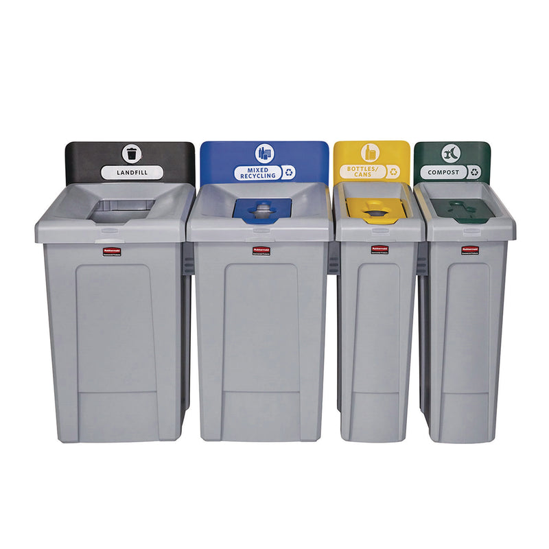 Rubbermaid® Commercial Slim Jim Recycling Station Kit, 1-Stream Bottles and Cans, 23 gal, Plastic, Yellow/Gray (RCP2185052) Each