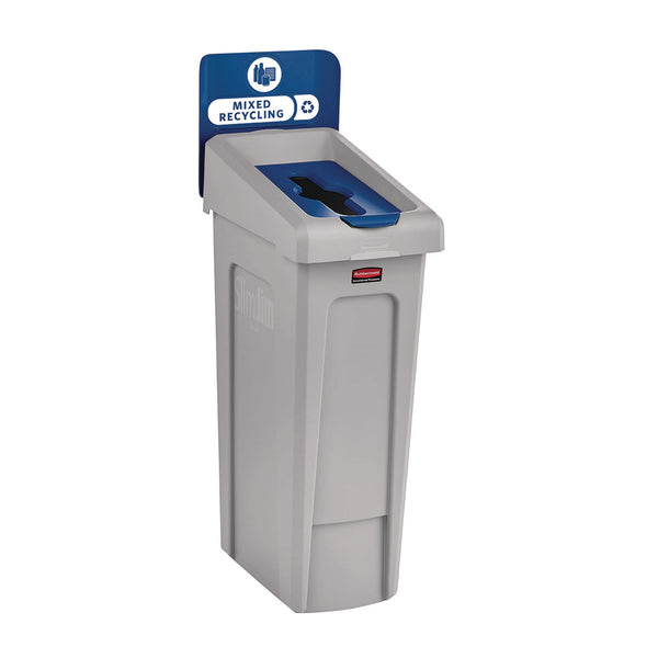 Rubbermaid® Commercial Slim Jim Recycling Station Kit, 1-Stream Mixed Recycling, 23 gal, Plastic, Gray/Blue (RCP2185055) Each