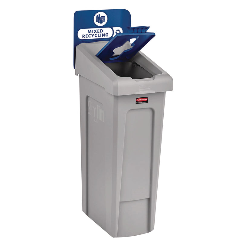 Rubbermaid® Commercial Slim Jim Recycling Station Kit, 1-Stream Mixed Recycling, 23 gal, Plastic, Gray/Blue (RCP2185055) Each