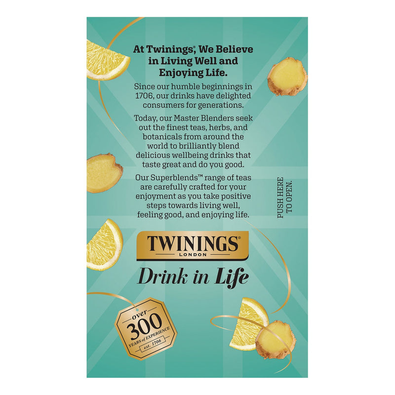TWININGS® Probiotics Lemon and Ginger Herbal Tea Bags, 0.05 oz, 18/Box (TWGTNA95223) Box of 18