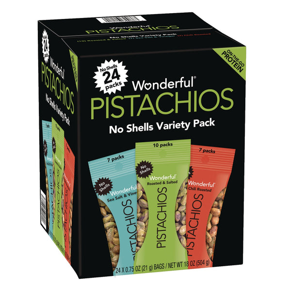 Wonderful® No Shells Roasted and Salted Pistachios Variety Pack, Assorted Flavors, 0.75 oz Bag, 24/Carton (WONPAR70086) Case of 24