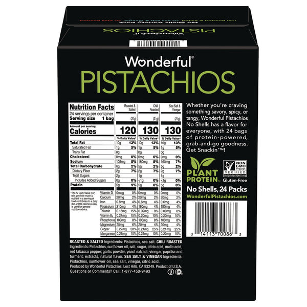 Wonderful® No Shells Roasted and Salted Pistachios Variety Pack, Assorted Flavors, 0.75 oz Bag, 24/Carton (WONPAR70086) Case of 24