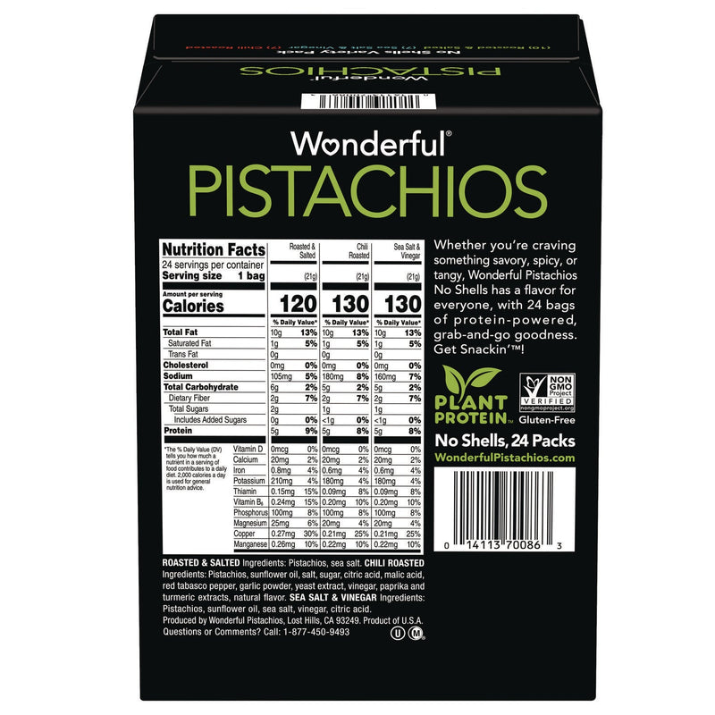 Wonderful® No Shells Roasted and Salted Pistachios Variety Pack, Assorted Flavors, 0.75 oz Bag, 24/Carton (WONPAR70086) Case of 24