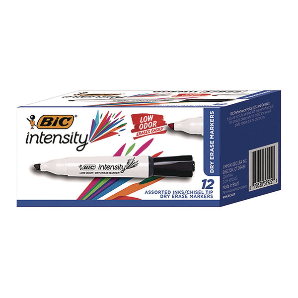 BIC® Intensity Low Odor Chisel Tip Dry Erase Marker, Broad Chisel Tip, Assorted Colors, Dozen (BICGDEM11MAAST)