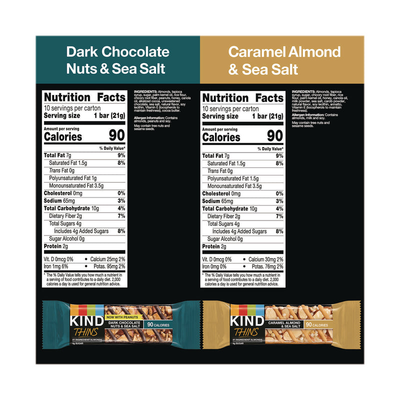 KIND Thins Bar Variety Pack, Caramel Almond and Sea Salt; Dark Chocolate Nuts and Sea Salt, 0.74 oz, 20/Box (KNDPHW41888) Box of 20