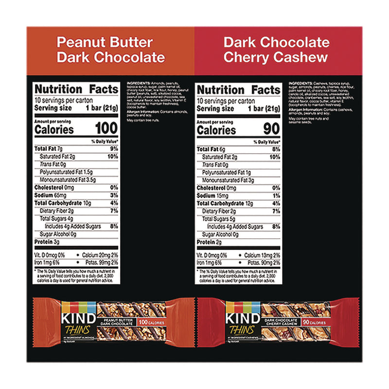 KIND Thins Bar Variety Pack, Dark Chocolate Cherry Cashew; Peanut Butter Dark Chocolate, 0.74 oz, 20/Box (KNDPHW41891) Box of 20