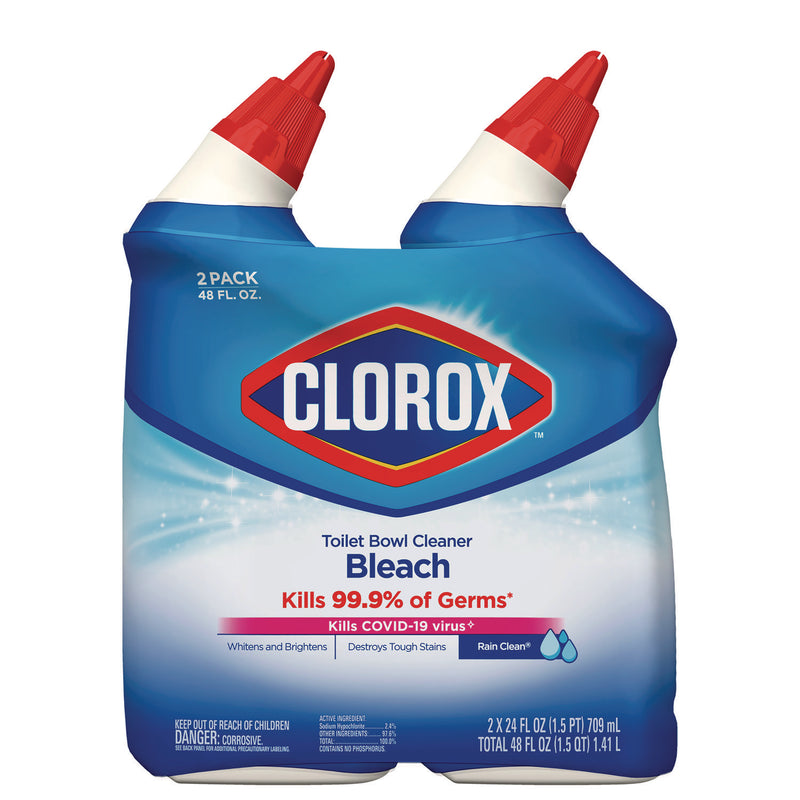 Clorox® Disinfecting Toilet Bowl Cleaner with Bleach, Rain Clean Scent, 24 oz Bottle, 2/Pack (CLO30924)