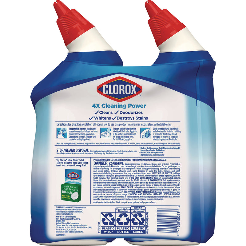 Clorox® Disinfecting Toilet Bowl Cleaner with Bleach, Rain Clean Scent, 24 oz Bottle, 2/Pack (CLO30924)