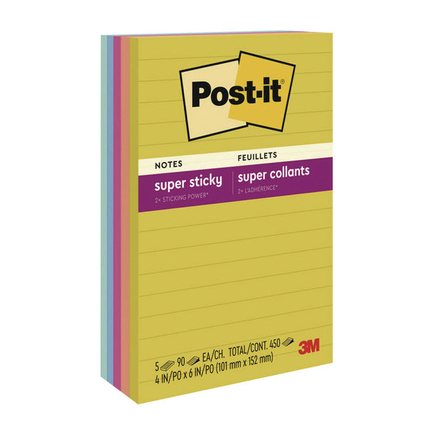 Post-it® Notes Super Sticky Note Pads in Summer Joy Color Collection Colors, 4" x 6", Note Ruled, 90 Sheets/Pad, 5 Pads/Pack (MMM6605SSJOY) Pack of 5