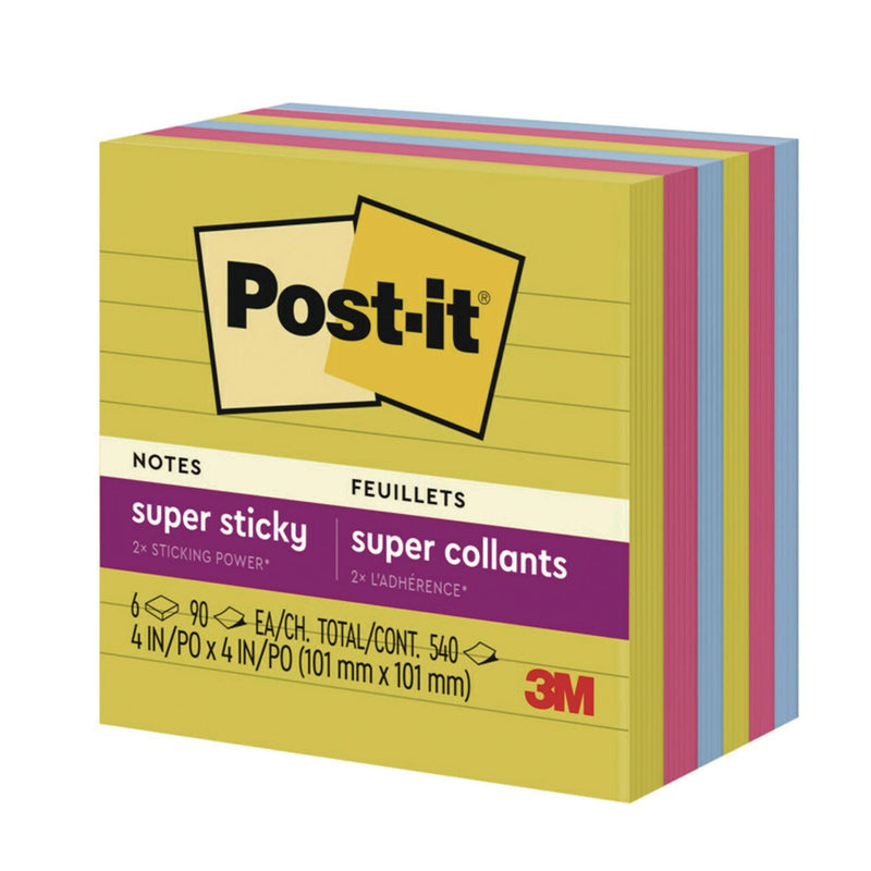 Post-it® Notes Super Sticky Note Pads in Summer Joy Color Collection Colors, 4" x 4", Note Ruled, 90 Sheets/Pad, 6 Pads/Pack (MMM6756SSJOY) Pack of 6