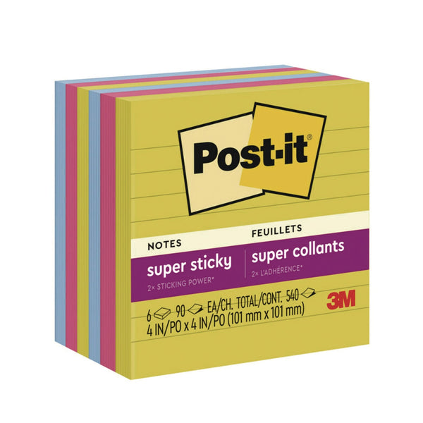 Post-it® Notes Super Sticky Note Pads in Summer Joy Color Collection Colors, 4" x 4", Note Ruled, 90 Sheets/Pad, 6 Pads/Pack (MMM6756SSJOY) Pack of 6
