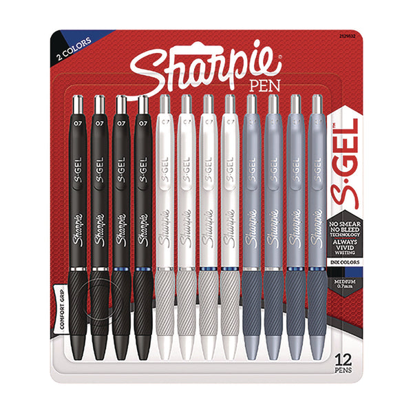Sharpie® S-Gel™ S-Gel Gel Pen, Retractable, Medium 0.7 mm, Black; Blue Ink, Black; Gray; White Barrels, 12/Pack (SAN2129832) Pack of 12