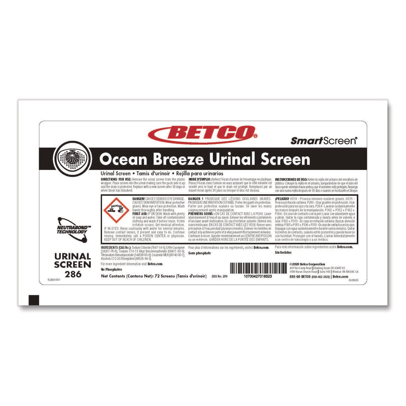 Betco SmartSCREEN Urinal Screen, Ocean Blue Scent, Blue, 1 lb, 72/Carton (BET2867200) Case of 72