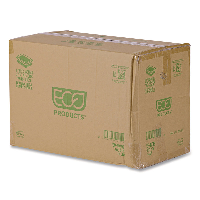 Renewable and Compostable Rectangular Deli Containers with Lid, 16 oz, 3 x 4 x 3, Clear, Plastic, 100/Pack, 3 Packs/Carton (ECOEPRC16) Case of 300