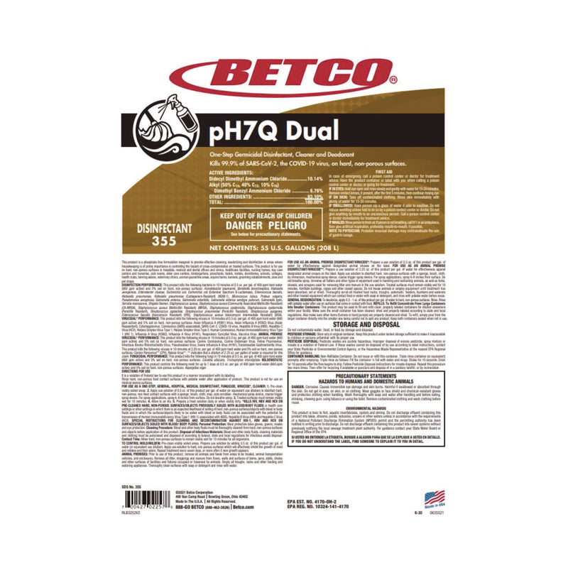 Betco® pH7Q Dual Neutral Disinfectant Cleaner, Lemon Scent, 10.78 gal Drum (BET3555500) Each