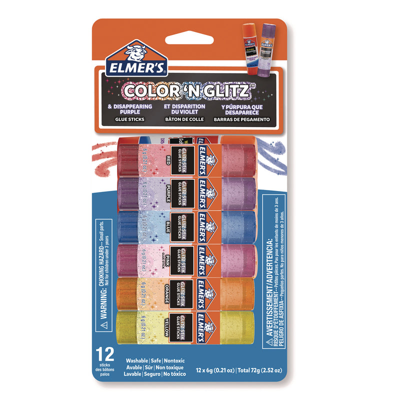 Elmer's® Glitter Glue Sticks, Applies Assorted Colors, 0.21 oz, Dries Clear Glitter, 12/Pack (EPI2197116) Pack of 12