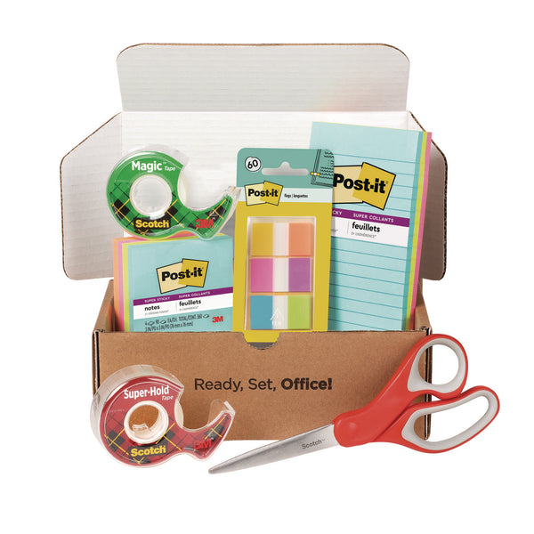 Scotch™ Office Essentials Kit, 7 Pads Assorted Super Sticky Notes, 1 Pack Flags, Roll Magic Tape, Roll Super-Hold Tape, 1 Scissors (MMMSPIPK) 1 KT