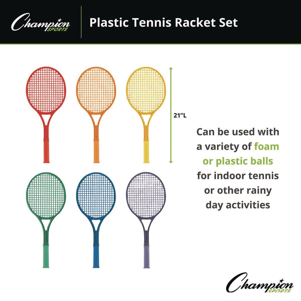 Champion Sports Plastic Tennis Racket Set, Six 21" Rackets, Assorted Colors (CSIJTRSET) Each