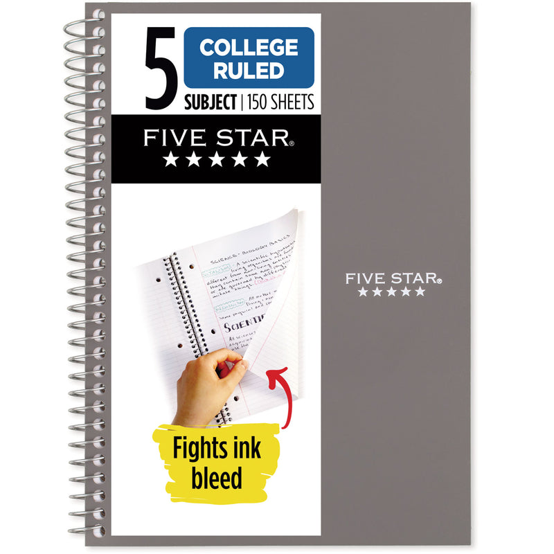 Five Star® Wirebound Notebook, 5-Subject, Medium/College Rule, Randomly Assorted Cover Color, (150) 9.5 x 7.25 Sheets (MEA840030) Each