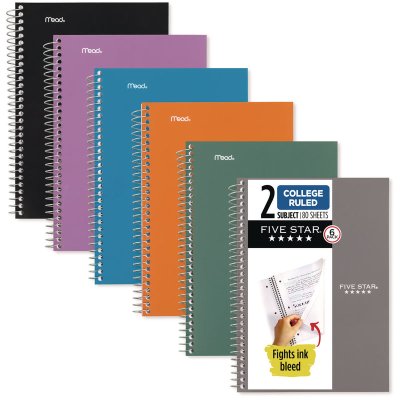 Five Star® Wirebound Notebook, 2-Subject, Medium/College Rule, Assorted Cover Color, (80) 9.5 x 6.52 Sheets, 6/Pack (MEA840029A) Pack of 6